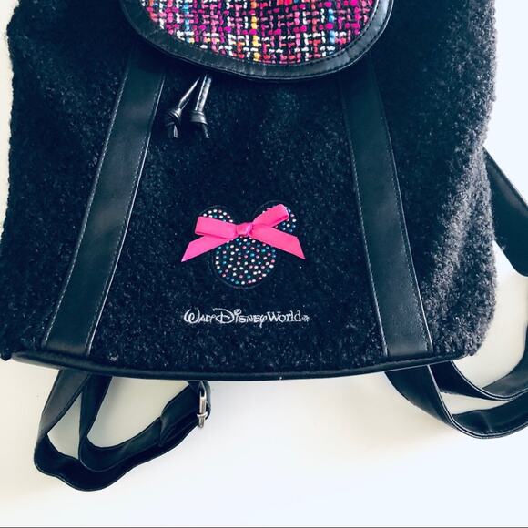 Walt Disney World Boucle Mouse Ears Backpack Pink Black Tweed Rhinestone Bow - Picture 2 of 11